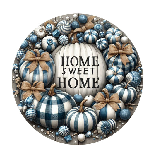 Blue plaid pumpkins home sweet home wreath sign, fall decor, metal wreath sign, round sign, door decor, Lindys sign creations