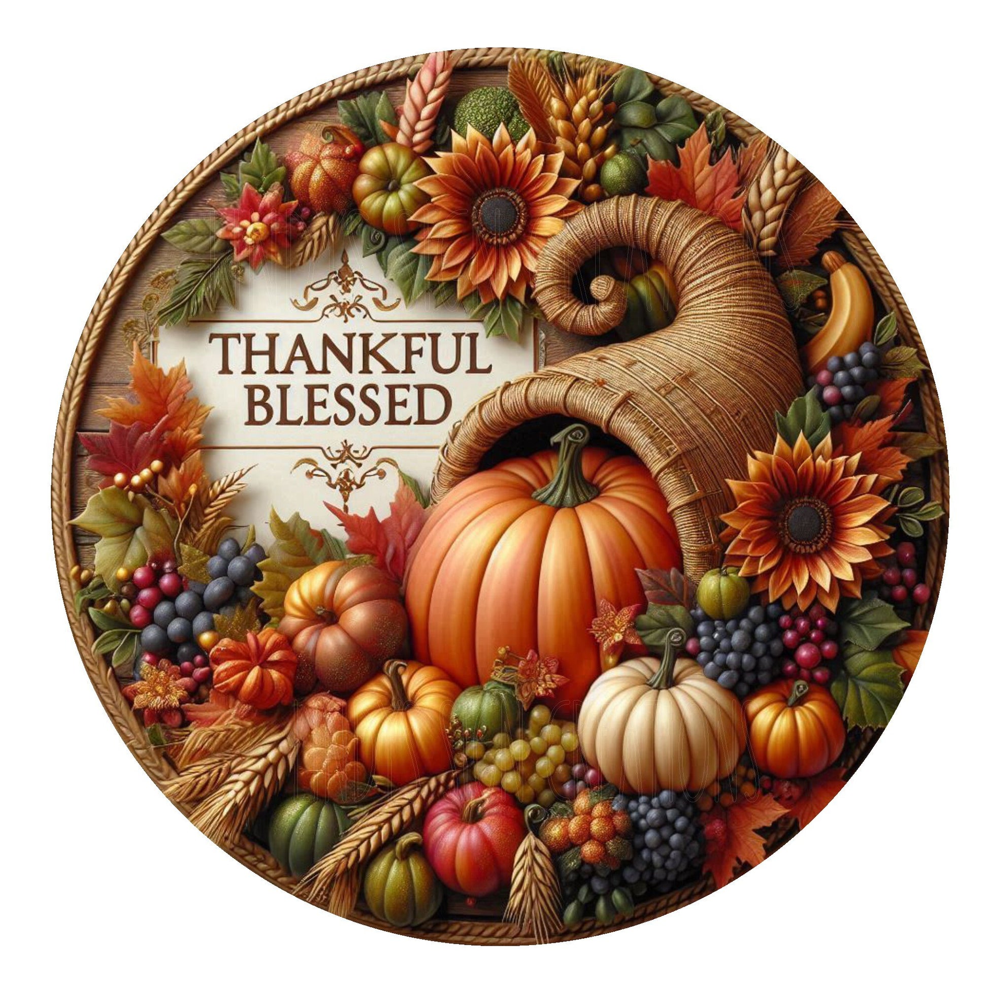 Thankful and blessed cornucopia wreath sign, metal wreath sign, round sign, fall wreath sign, door decor, Lindys sign creations