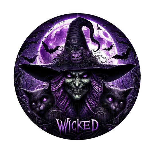 Wicked spooky witch Halloween wreath sign, metal wreath sign, fall sign, door decor, round sign, Lindys sign creations