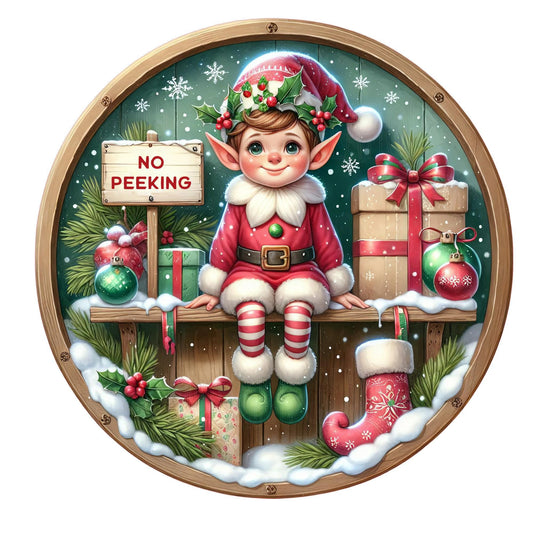 Elf no peeking Christmas wreath sign, metal wreath sign, round wreath sign, door decor, Lindys sign creations