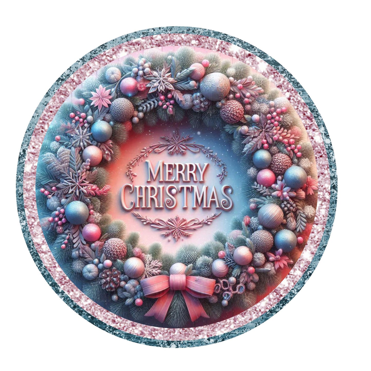 Pink and blue Merry Christmas wreath sign, round wreath sign, metal wreath sign, door decor, Lindys sign creations