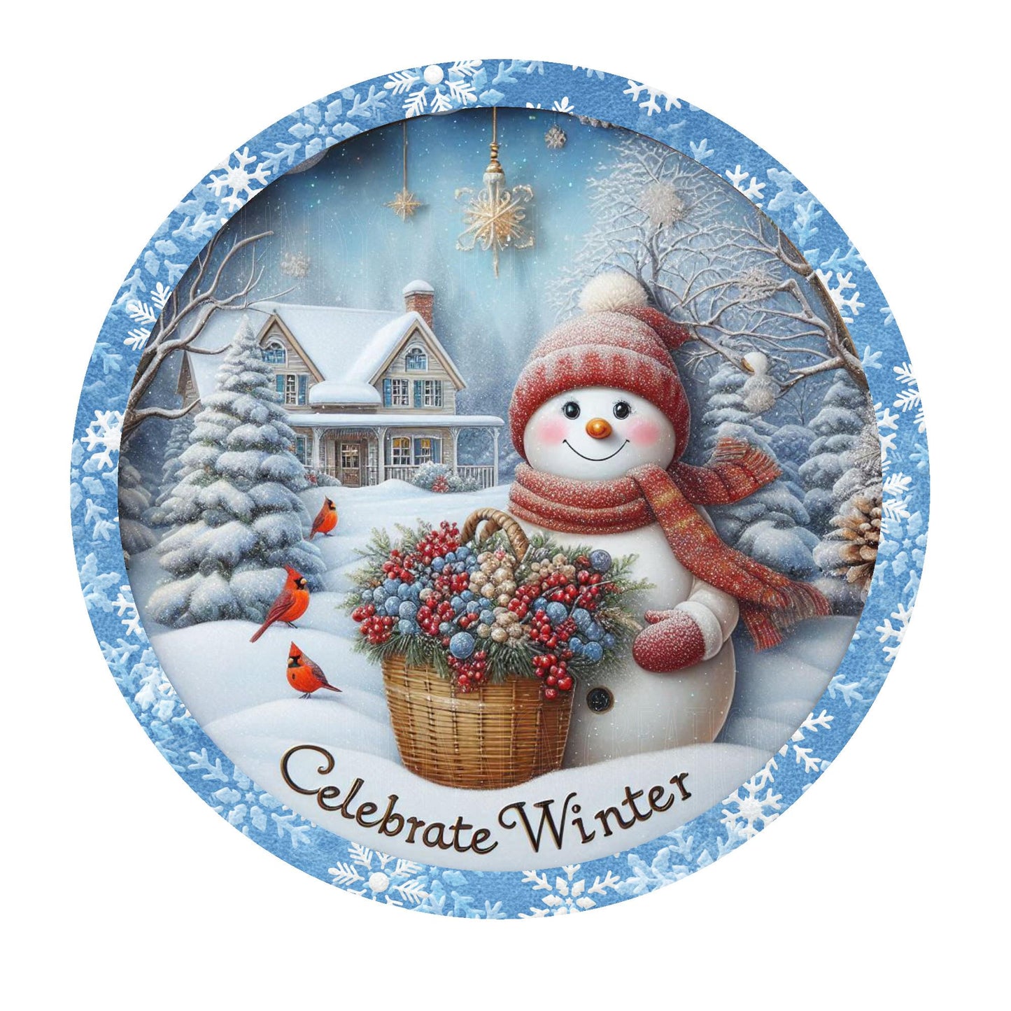 Snowman with cardinals celebrate winter wreath sign, metal wreath sign, round wreath sign, door decor, Lindys sign creations