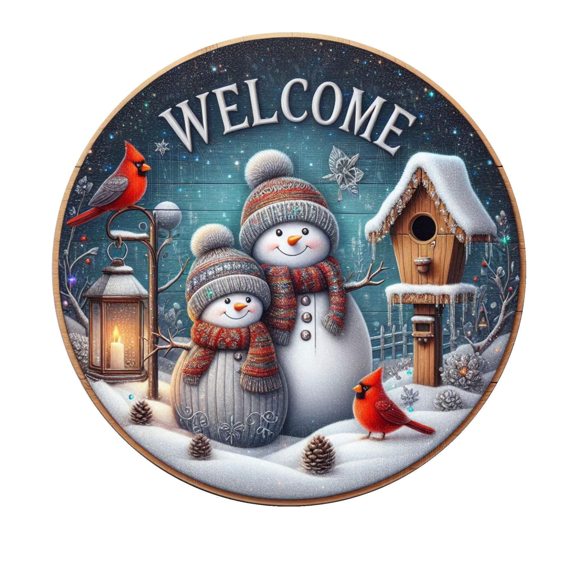 Snowmen with cardinals and birdhouse welcome wreath sign, metal wreath sign, round wreath sign, door decor, Lindys sign creations