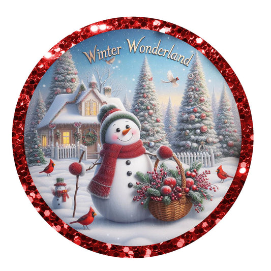 Smiling snowman winter wonderland with cardinals wreath sign, metal wreath sign, round wreath sign, door decor, Lindys sign creations