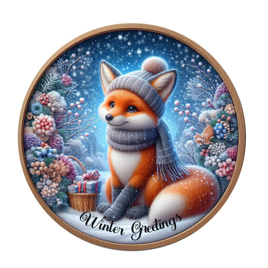 Cute fox winter greetings wreath sign, metal wreath sign, round wreath sign, door decor, Lindys sign creations