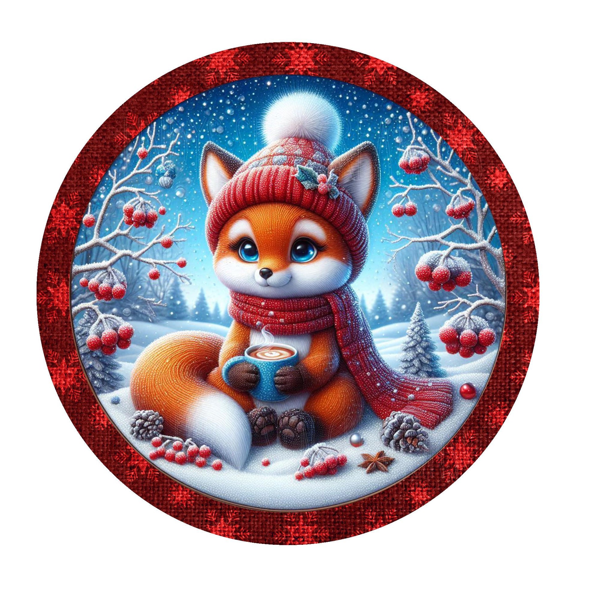 Cute fox with hot cocoa wreath sign, metal wreath sign, winter wreath sign, round wreath sign, door decor, Lindys sign creations