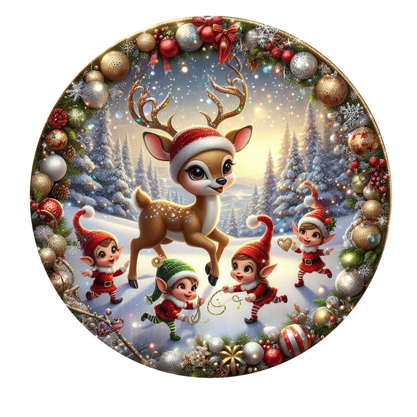 Reindeer and elf's playing in snow wreath sign, metal wreath sign, round wreath sign, door decor, Lindys sign creations