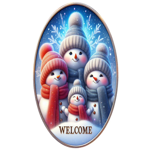 Oval snowman family welcome sign, metal wreath sign, oval wreath sign, door decor, Lindys sign creations