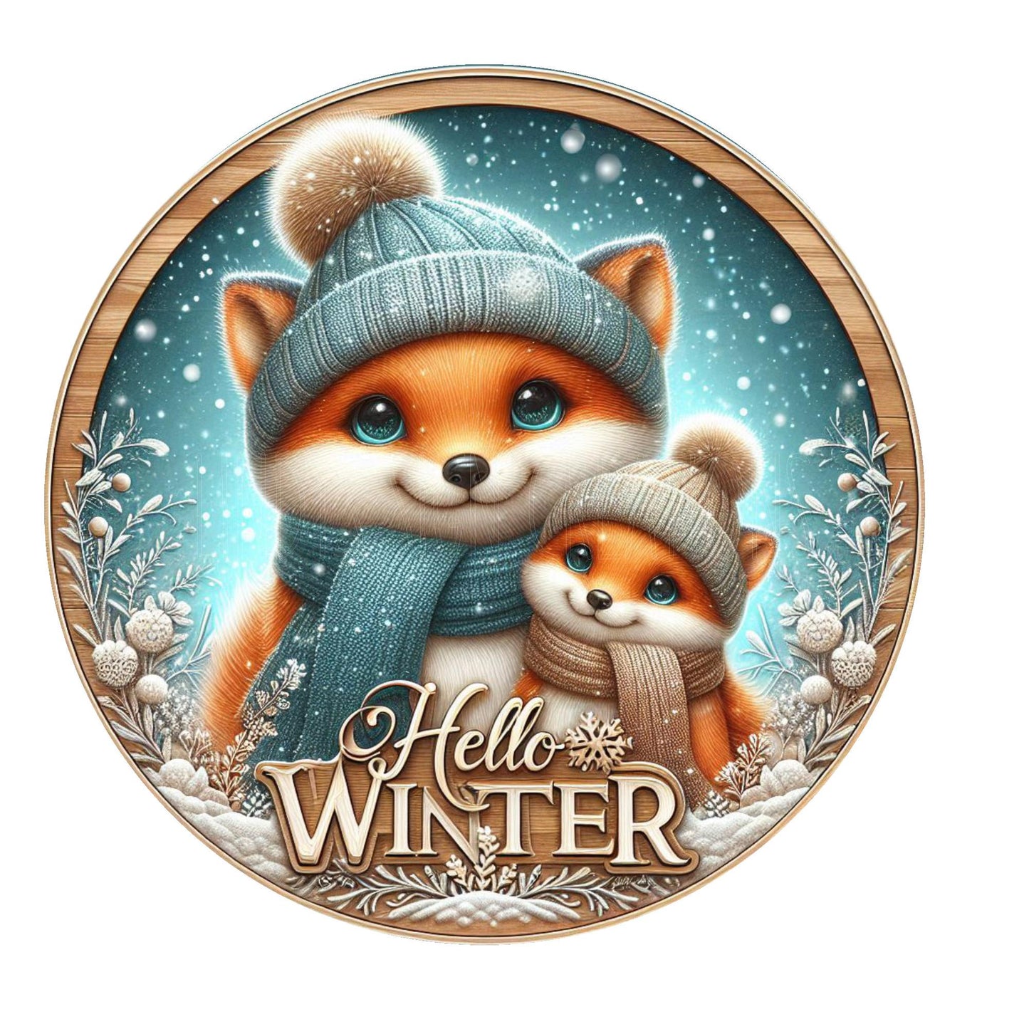 Winter fox and baby hello winter wreath sign, metal wreath sign, round wreath sign, door decor, Lindys sign creations