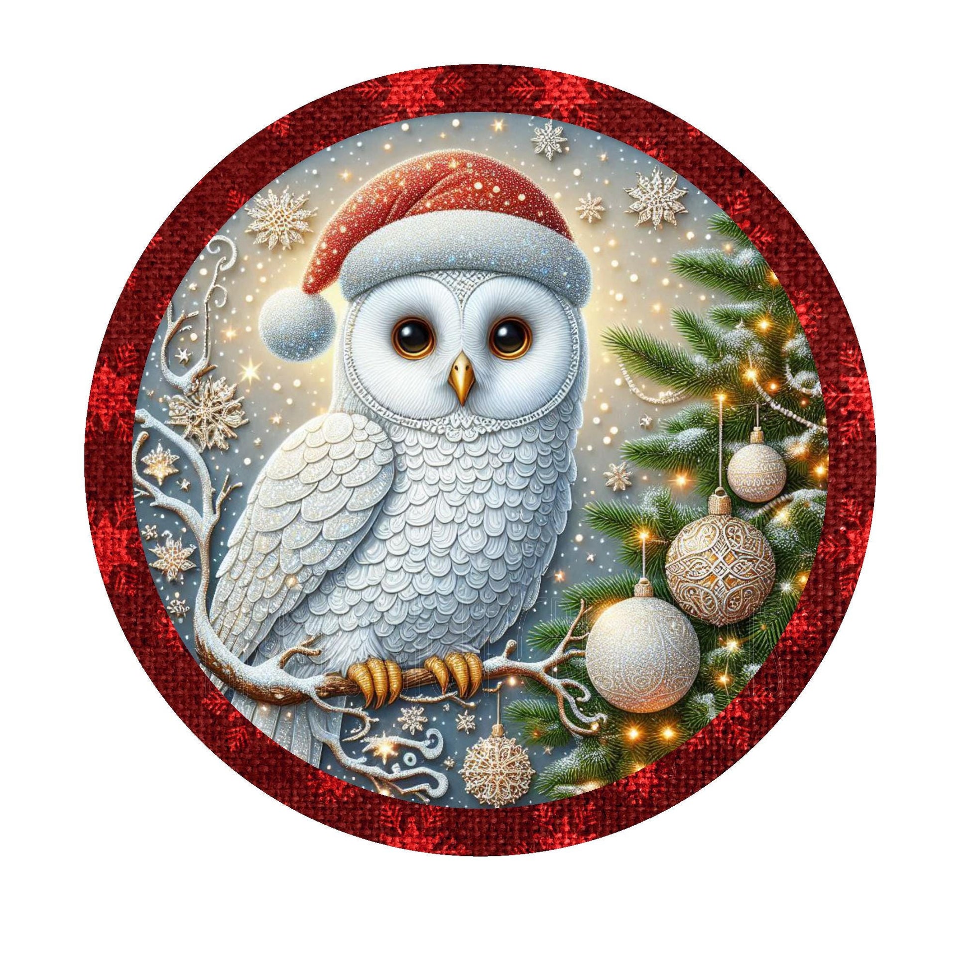 Winter Christmas owl with Santa hat wreath sign, metal wreath sign, round wreath sign, door decor, Lindys sign creations