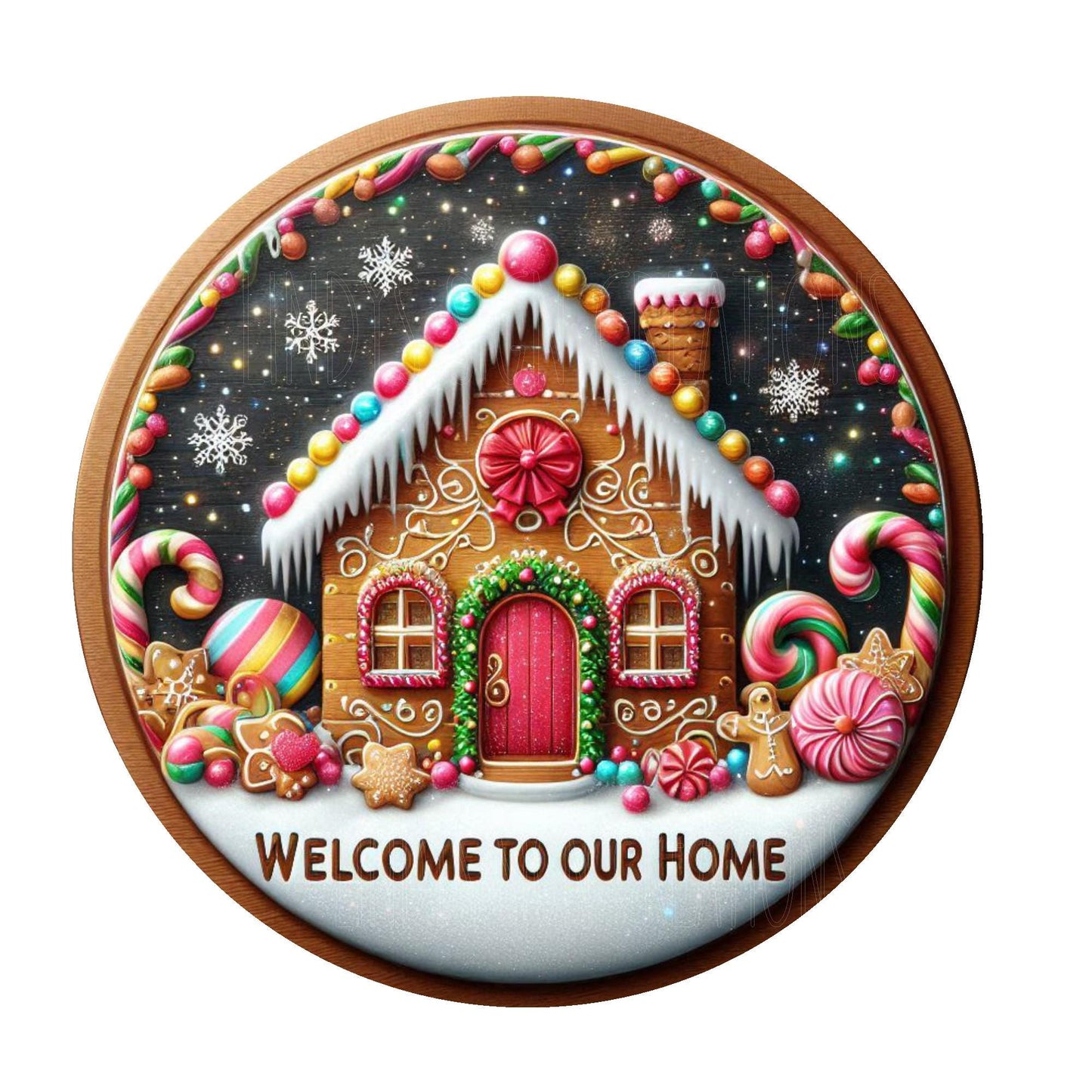 Gingerbread house welcome to our home wreath sign, metal wreath sign, round wreath sign, door decor, Lindys sign creations