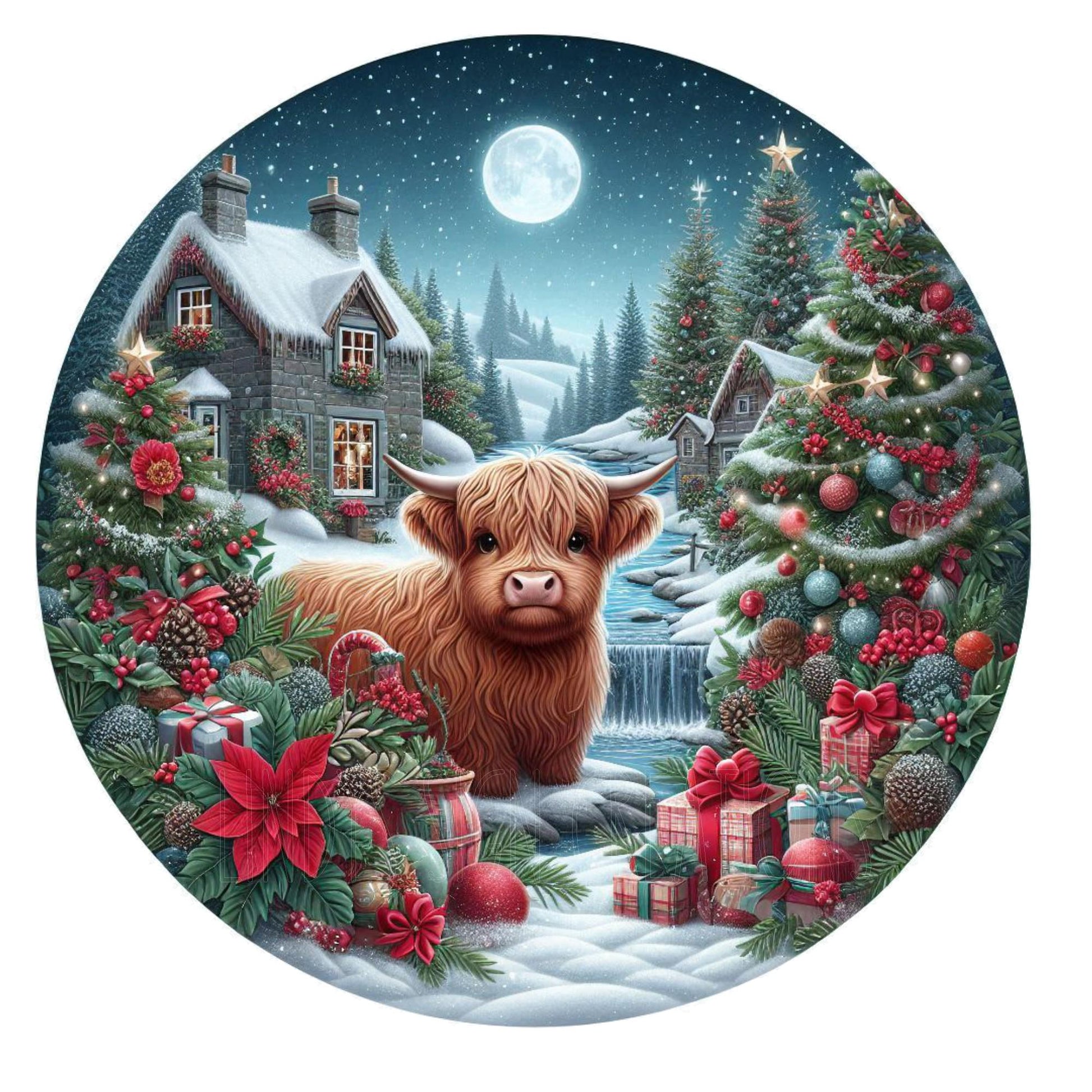 Highland cow at Christmas wreath sign, metal wreath sign, round wreath sign, door decor, Christmas wreath sign, Lindys sign creations