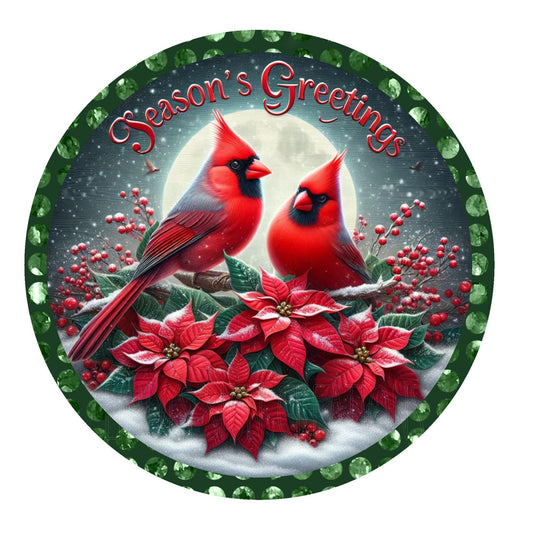 Season's Greetings cardinal and poinsettia wreath sign, metal wreath sign, round wreath sign, door decor, Lindys sign creations