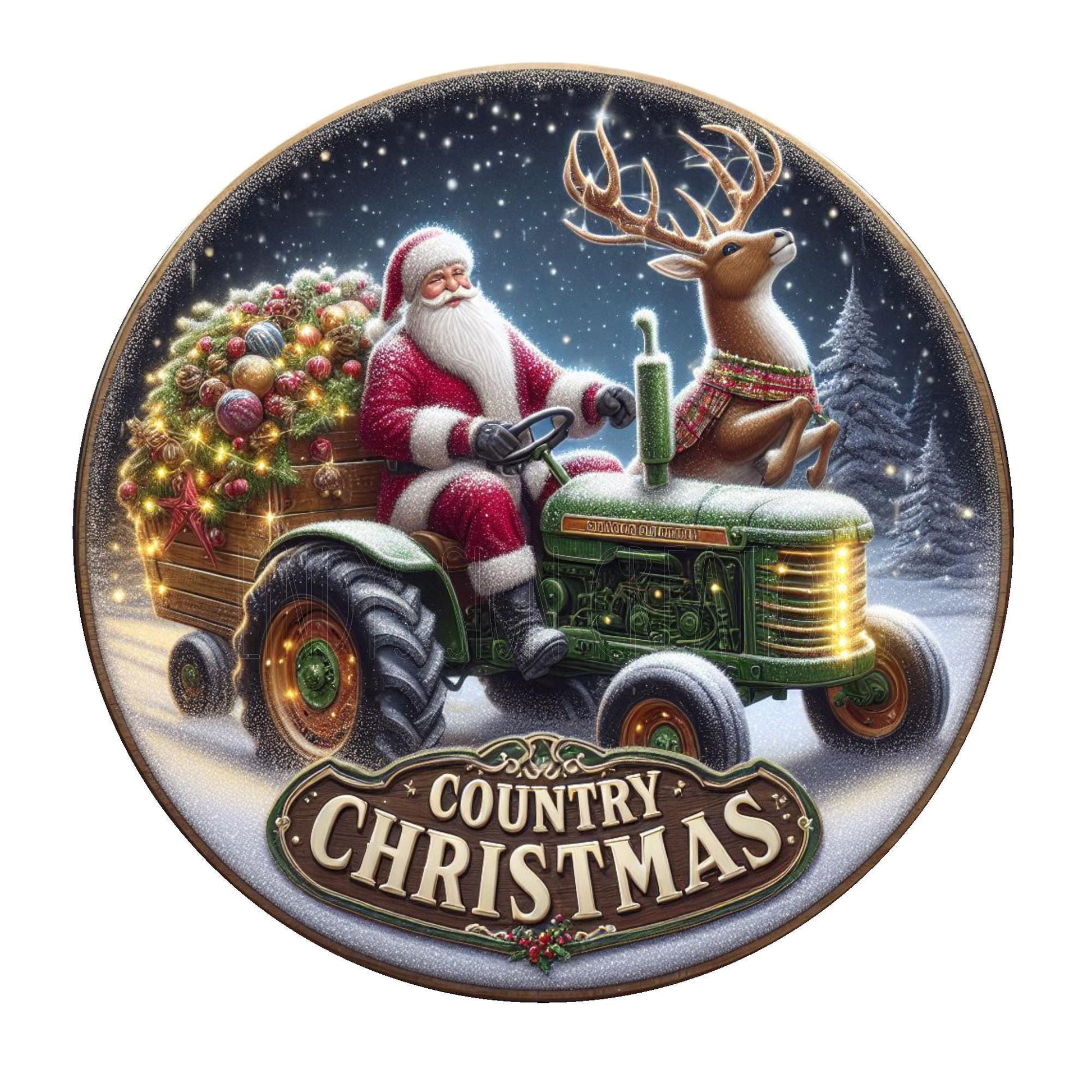 Country Christmas Santa on tractor wreath sign, metal wreath sign, round wreath sign, door decor, Lindys sign creations