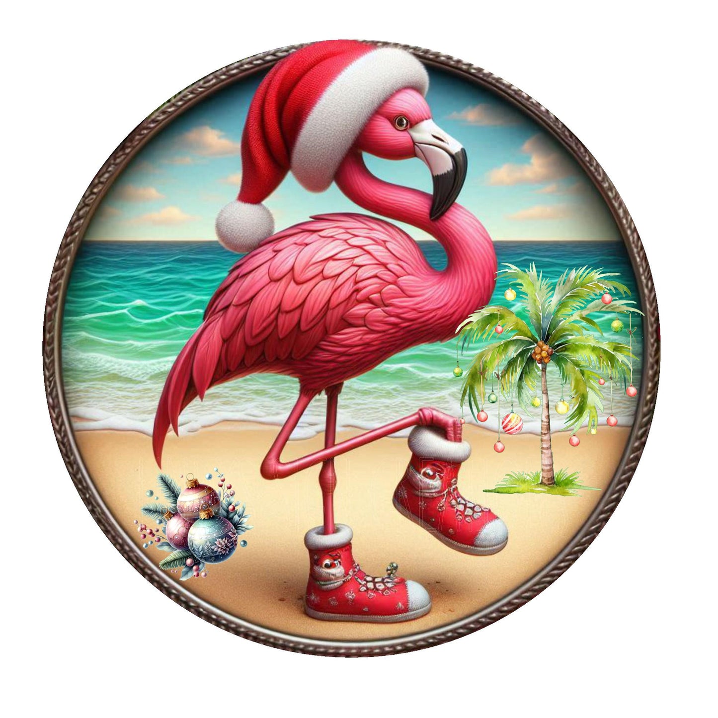 Flamingo in Santa hat wreath sign, round wreath sign, metal wreath sign, door decor, Lindys sign creations