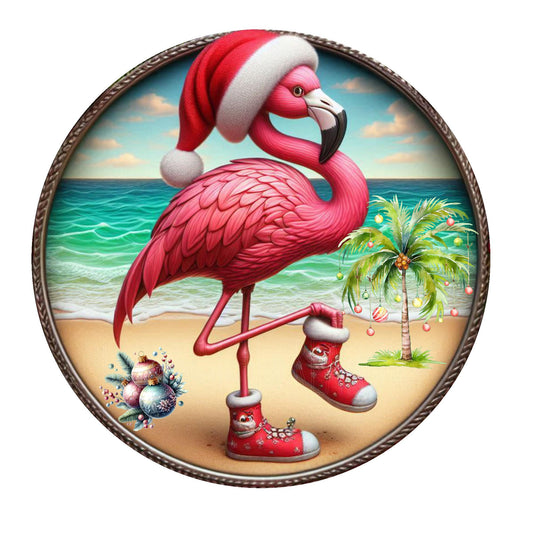 Flamingo in Santa hat wreath sign, round wreath sign, metal wreath sign, door decor, Lindys sign creations