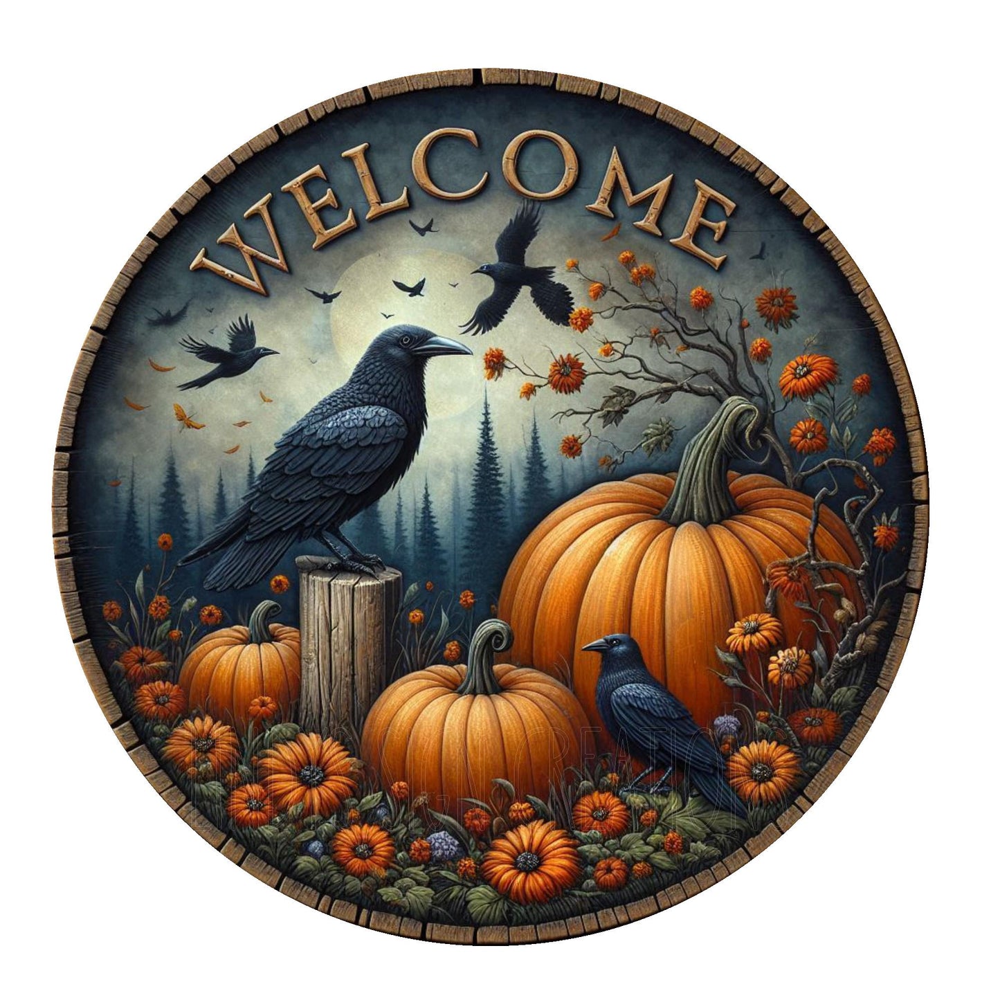 Rustic pumpkin and crow welcome wreath sign, metal wreath sign, round wreath sign, door decor, fall wreath sign, Lindys sign creations