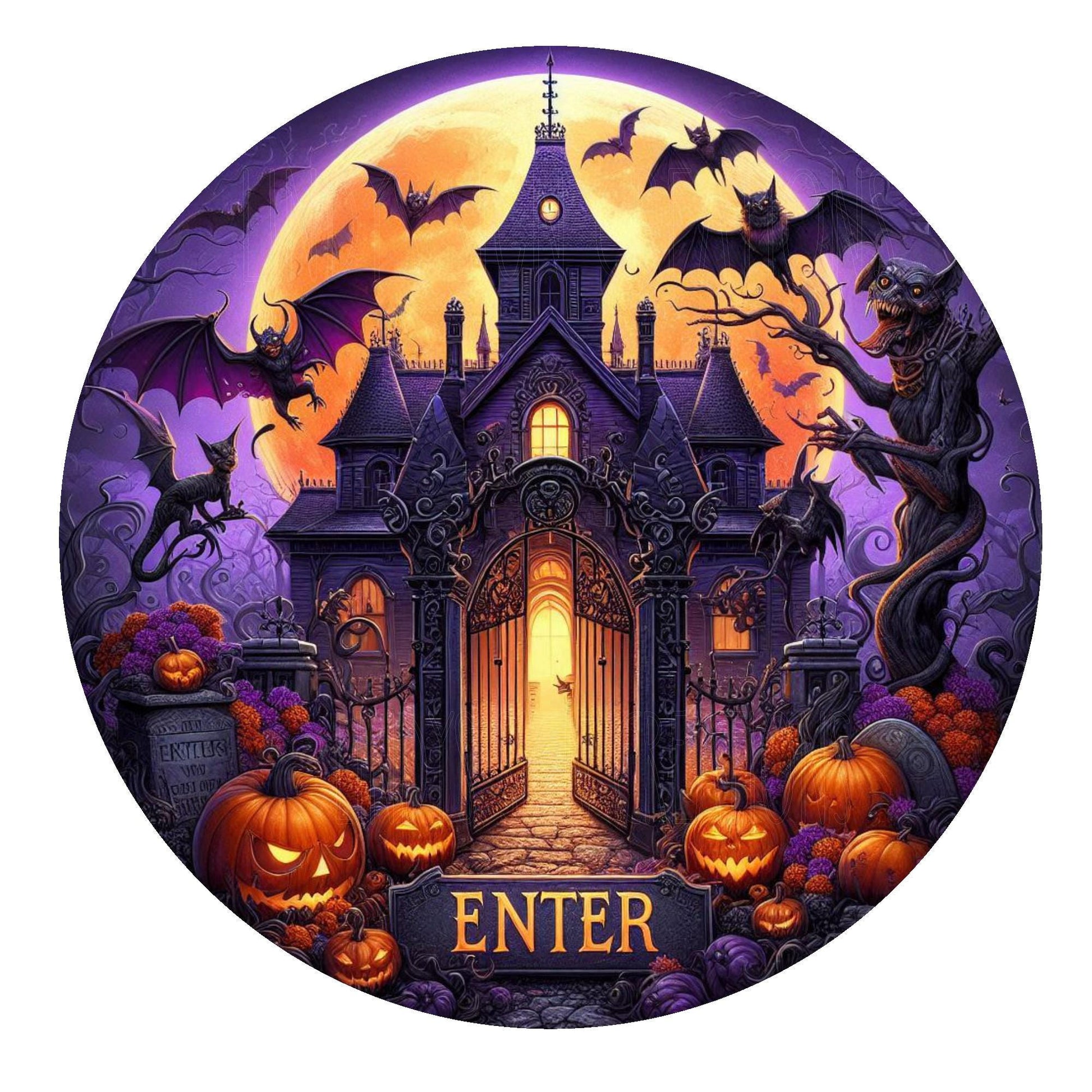 Haunted house wreath sign, Halloween wreath sign, metal wreath sign, round wreath sign, door decor, Lindys sign creations