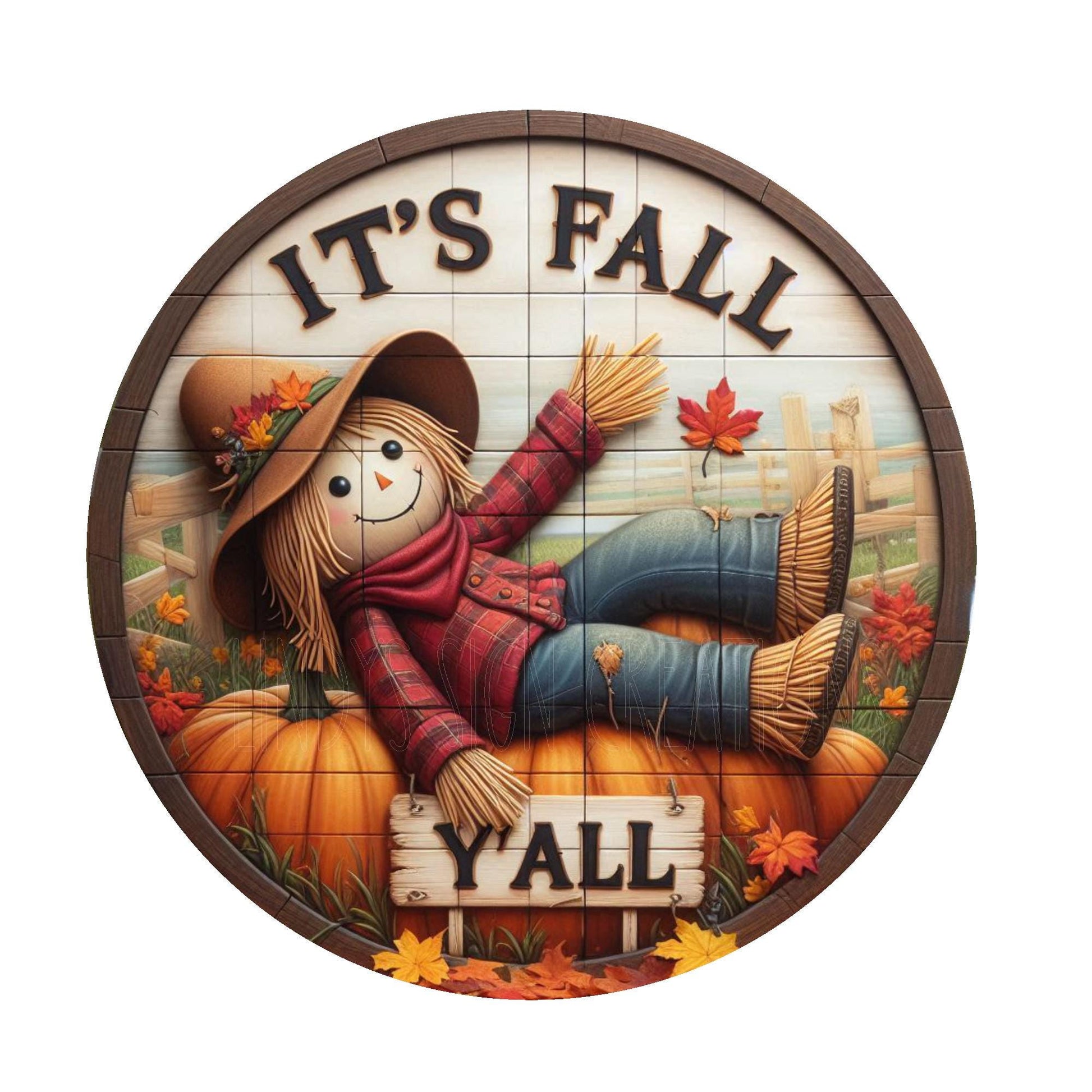 Scarecrow it's fall y'all wreath sign, metal wreath sign, round wreath sign, door decor, Lindys sign creations