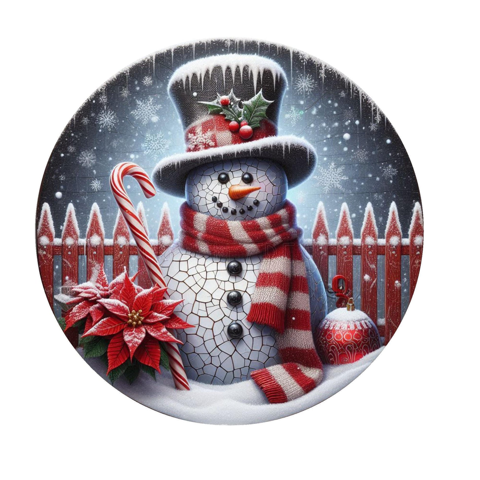 Snowman with candy cane wreath sign, metal wreath sign, round wreath sign, winter wreath sign, door decor, Lindys sign creations