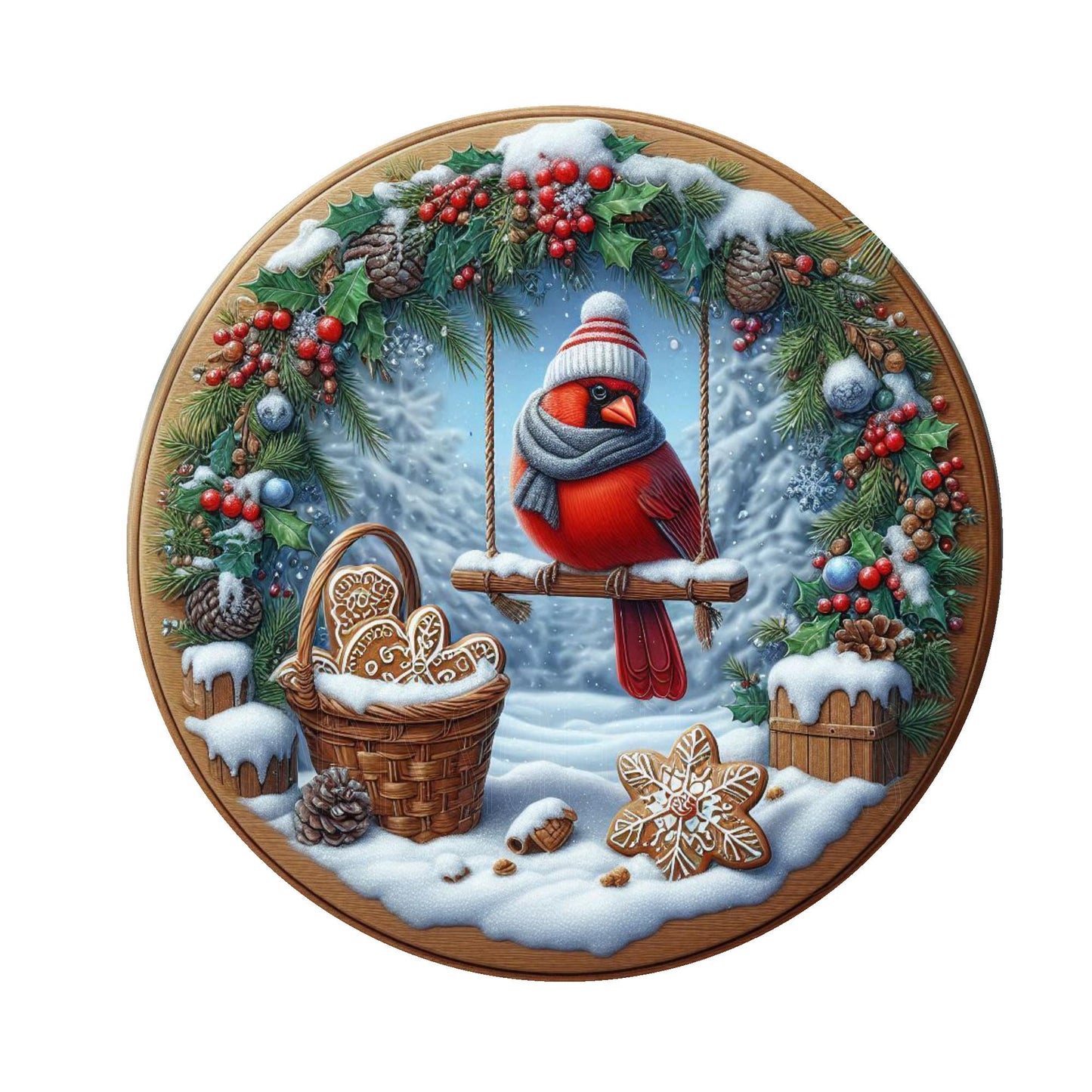 Winter cardinal on swing with gingerbread cookie basket wreath sign, metal wreath sign, round wreath sign, door decor, Christmas wreath sign