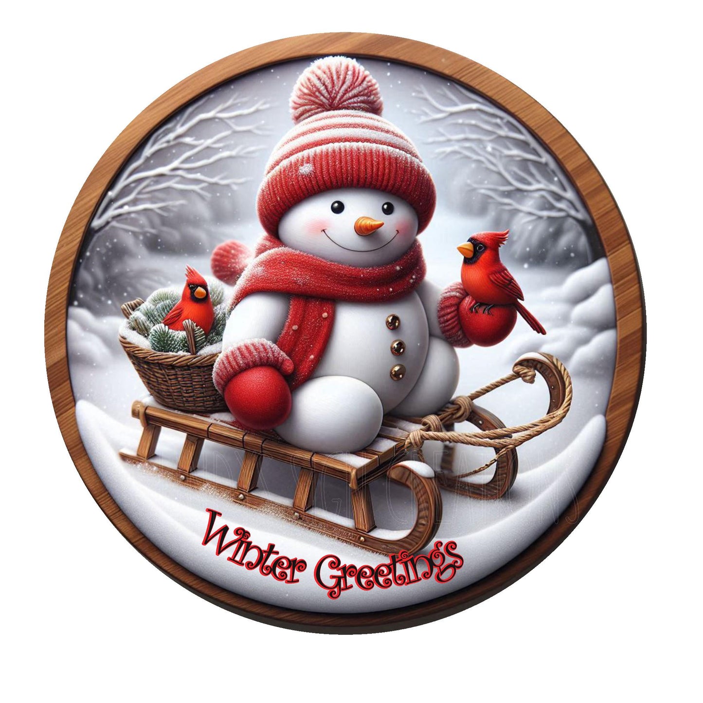 Winter greetings snowman with cardinals on sled wreath sign, metal wreath sign, round wreath sign, door decor, Lindys sign creations