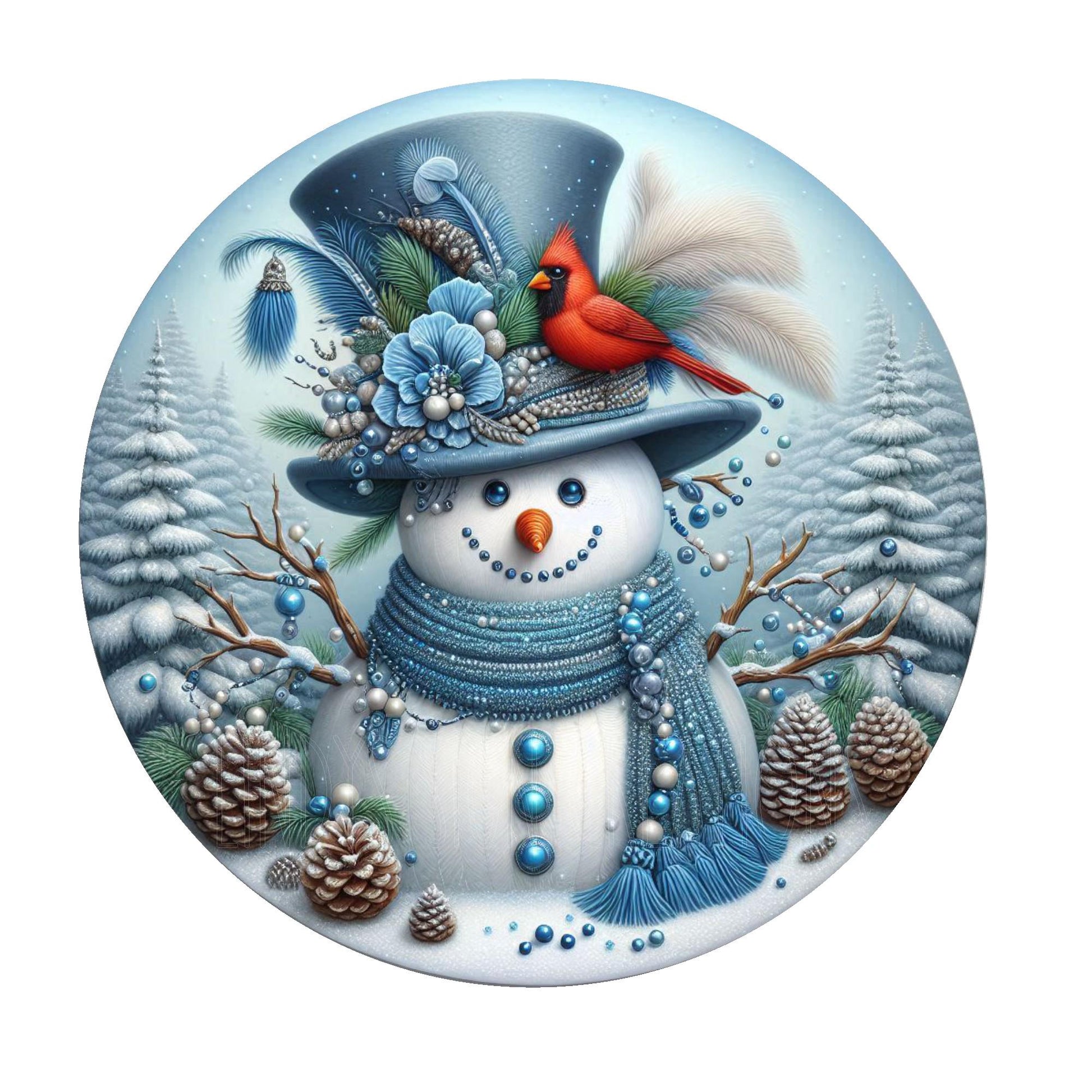 Blue snowman with cardinal wreath sign, metal wreath sign, round wreath sign, winter wreath sign, door decor, Lindys sign creations