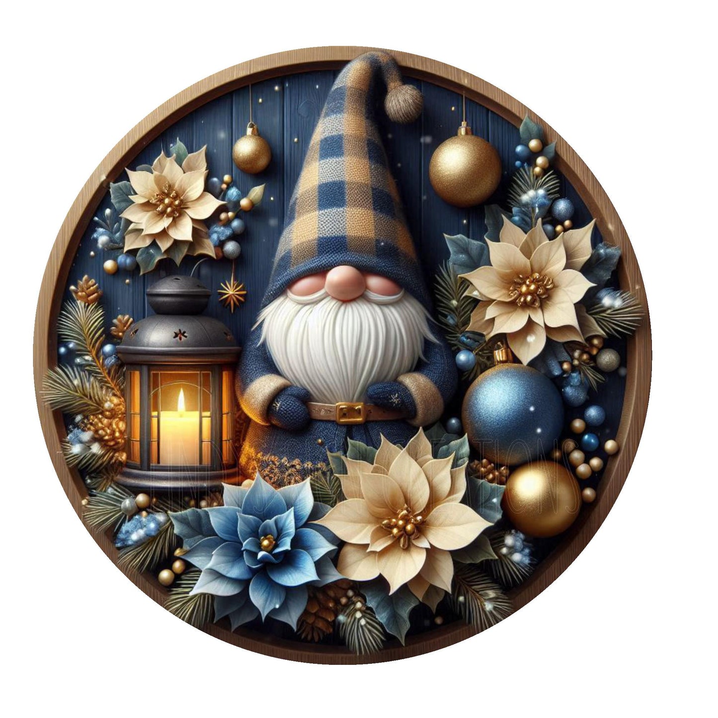 Blue and tan gnome with lantern and poinsettias wreath sign, metal wreath sign, round wreath sign, door decor, Lindys sign creations