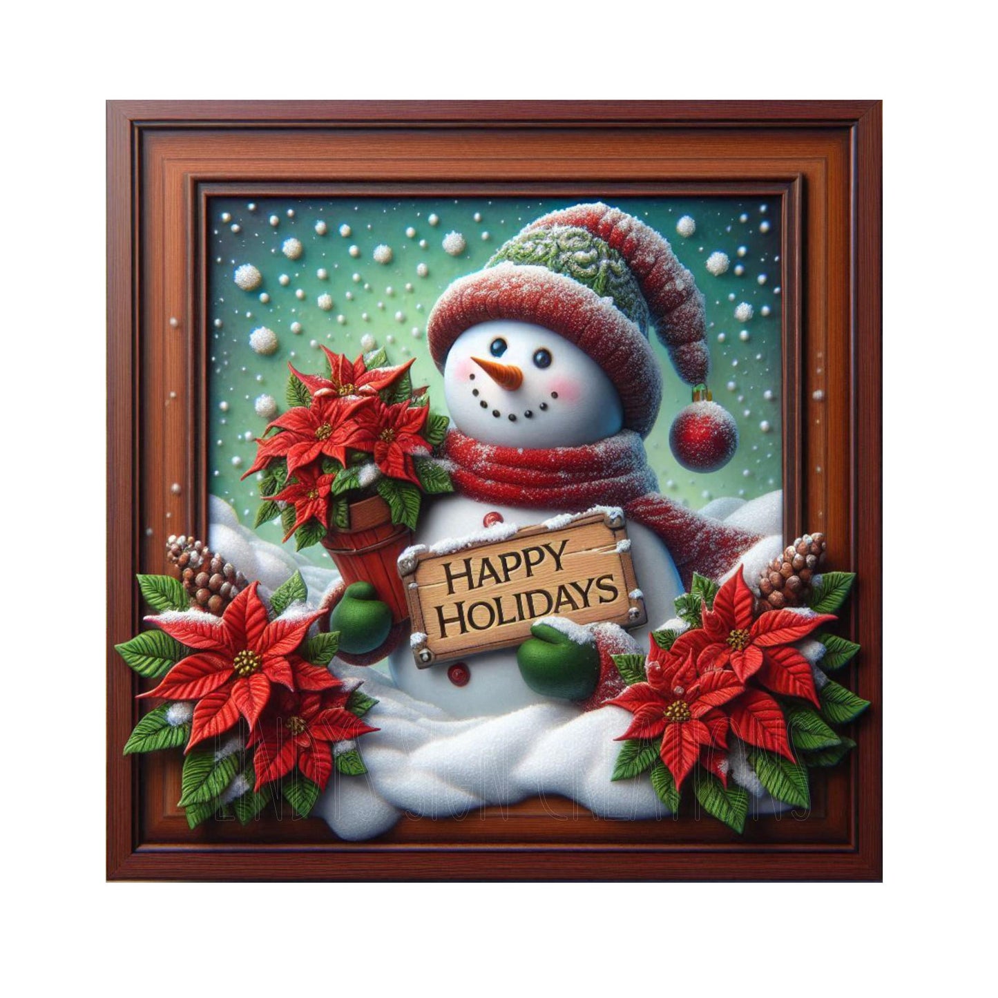 Snowman with red poinsettia happy holidays wreath sign, metal wreath sign, round wreath sign, door decor, Lindys sign creations