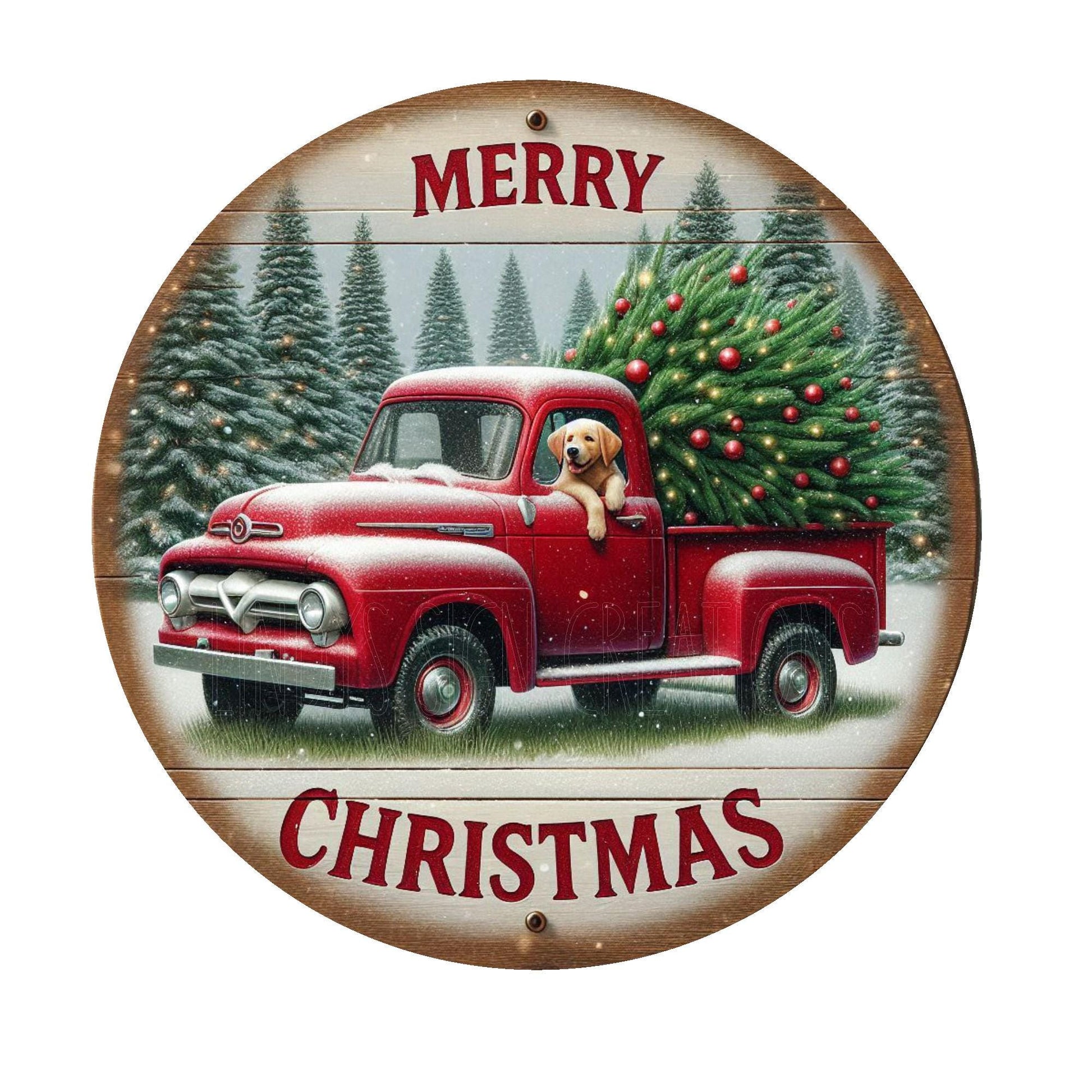 Red truck merry Christmas wreath sign, metal wreath sign, round wreath sign, door decor, Lindys sign creations