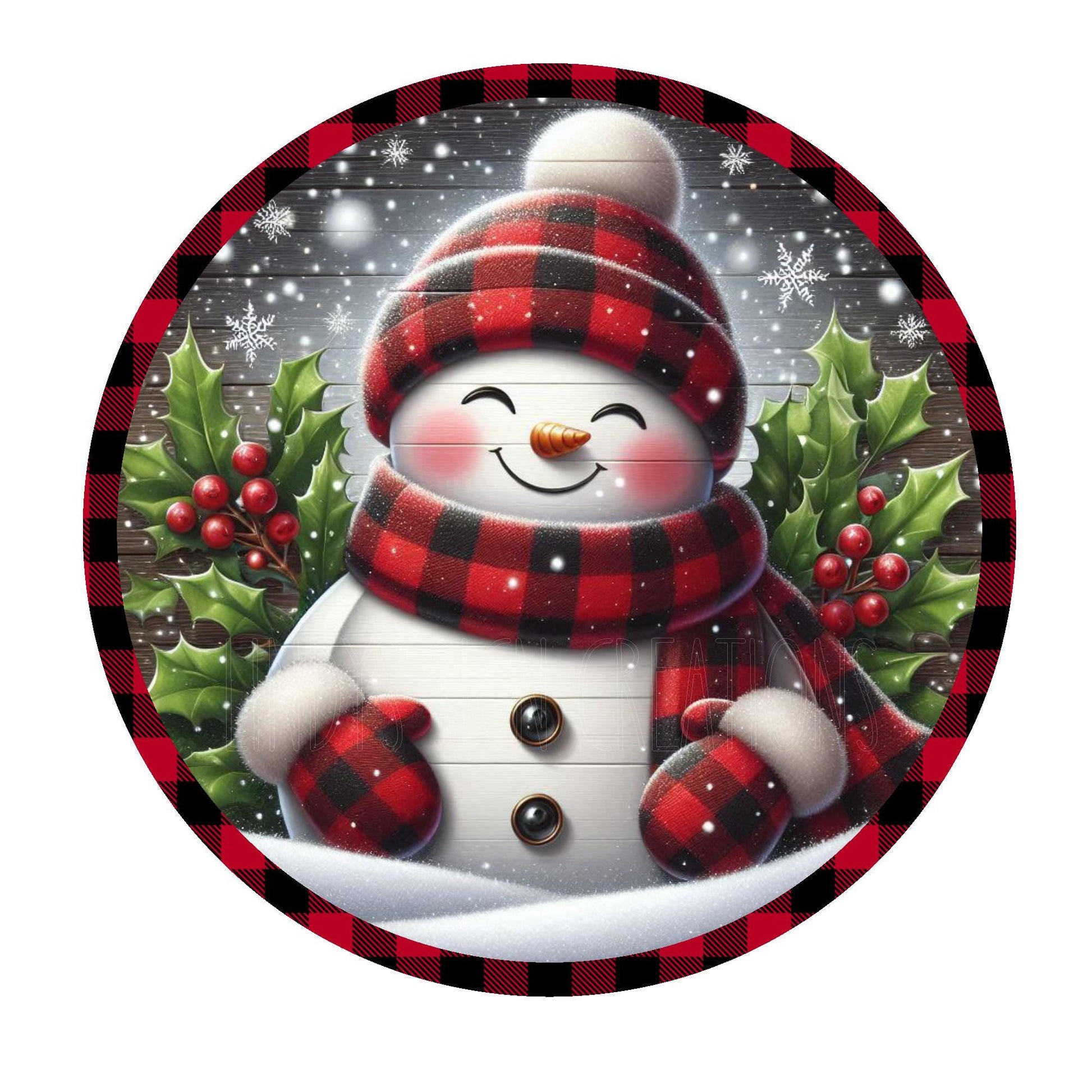 Snowman with red buffalo plaid outfit Christmas wreath sign, metal wreath sign, round wreath sign, door decor, Lindys sign creations