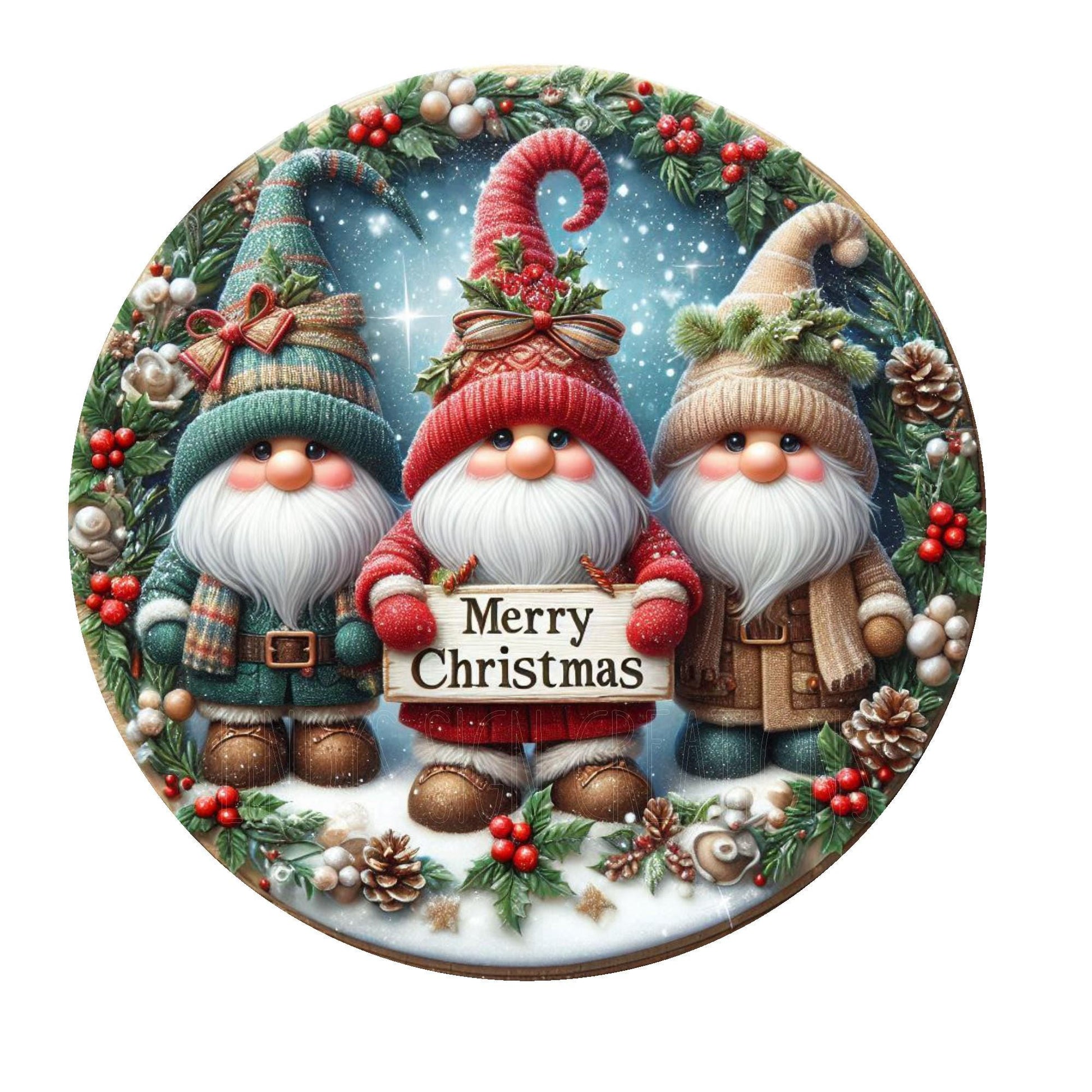 Gnomes Merry Christmas wreath sign, metal wreath sign, round wreath sign, door decor, Christmas wreath sign, Lindys sign creations