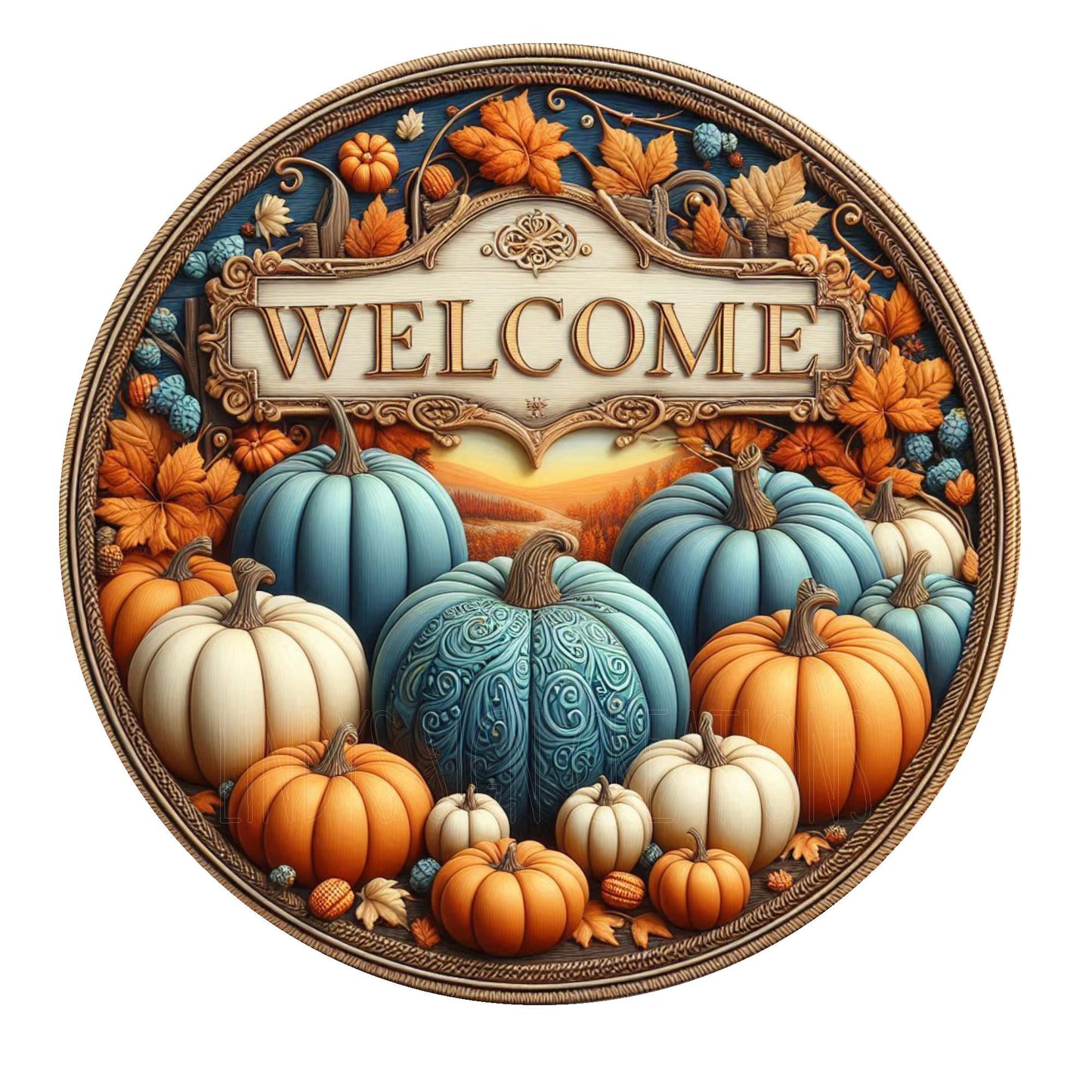 Welcome blue pumpkin wreath sign, fall wreath sign, metal wreath sign, round wreath sign, door decor, Lindys sign creations