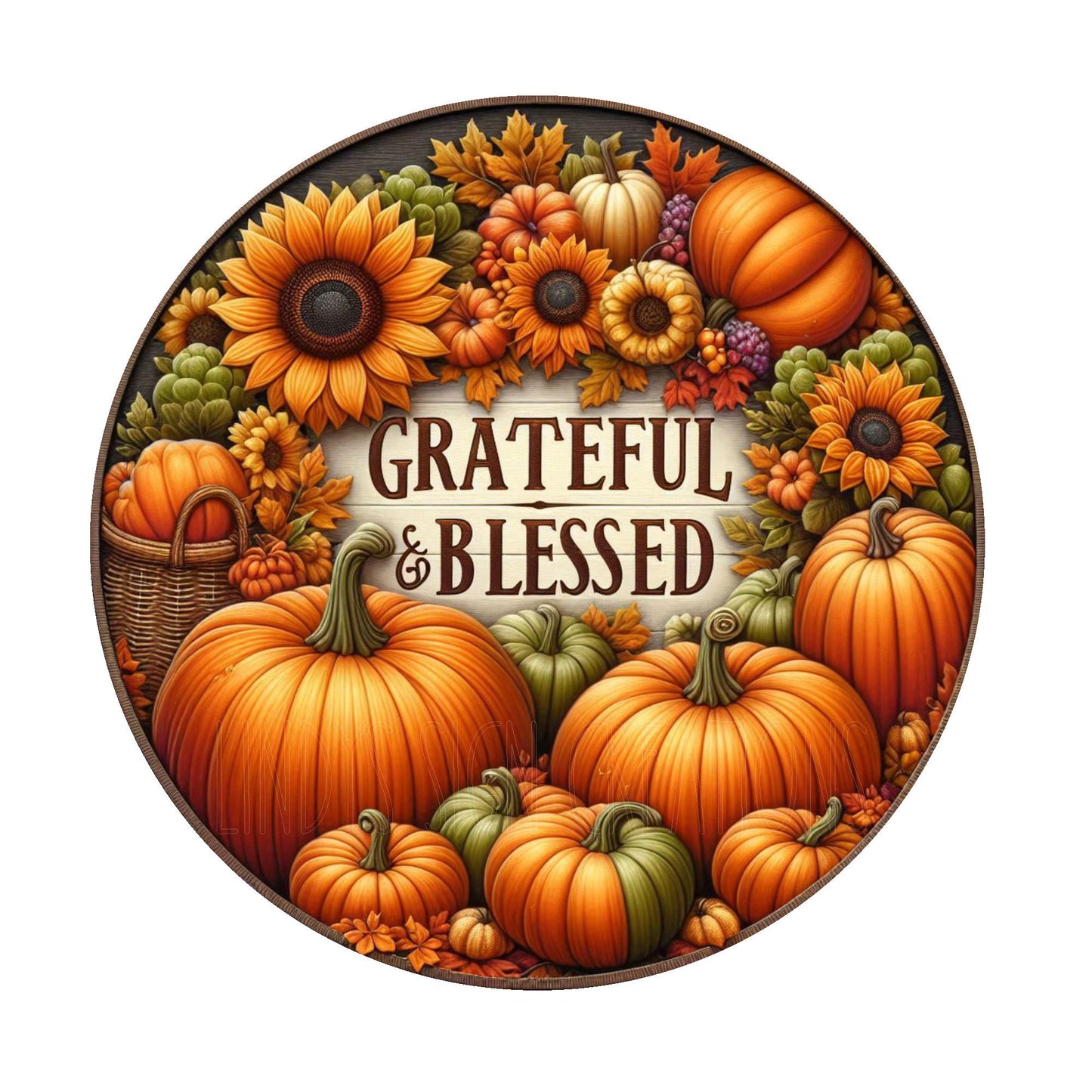 Grateful and blessed pumpkin wreath sign, fall wreath sign, metal wreath sign, round wreath sign, door decor, Lindys sign creations