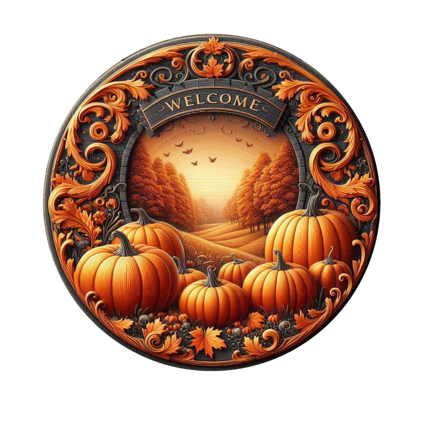 Welcome orange pumpkin fall wreath sign, metal wreath sign, round wreath sign, door decor, Lindys sign creations