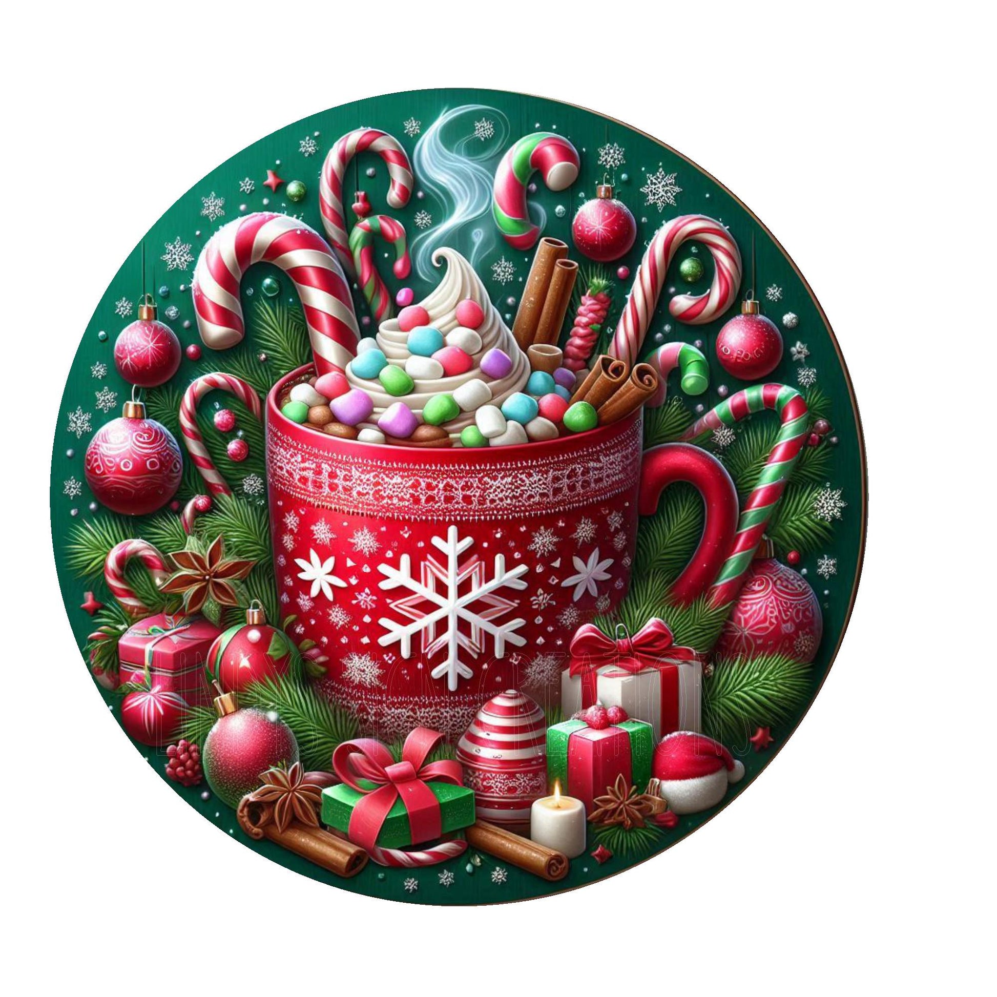 Christmas cocoa cup with candy wreath sign, metal wreath sign, round wreath sign, door decor, Lindys sign creations