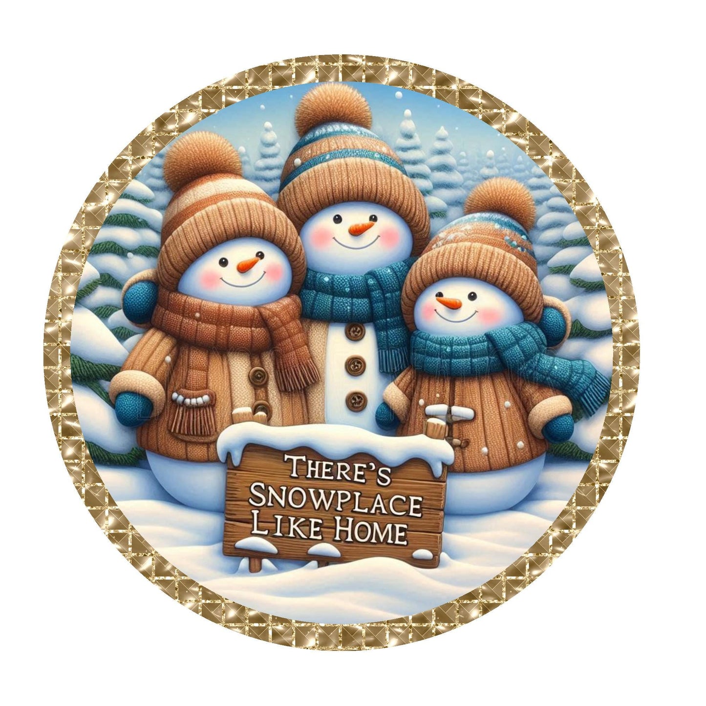 There's snowplace like home wreath sign, metal wreath sign, snowman wreath sign, round wreath sign, door decor, Lindys sign creations