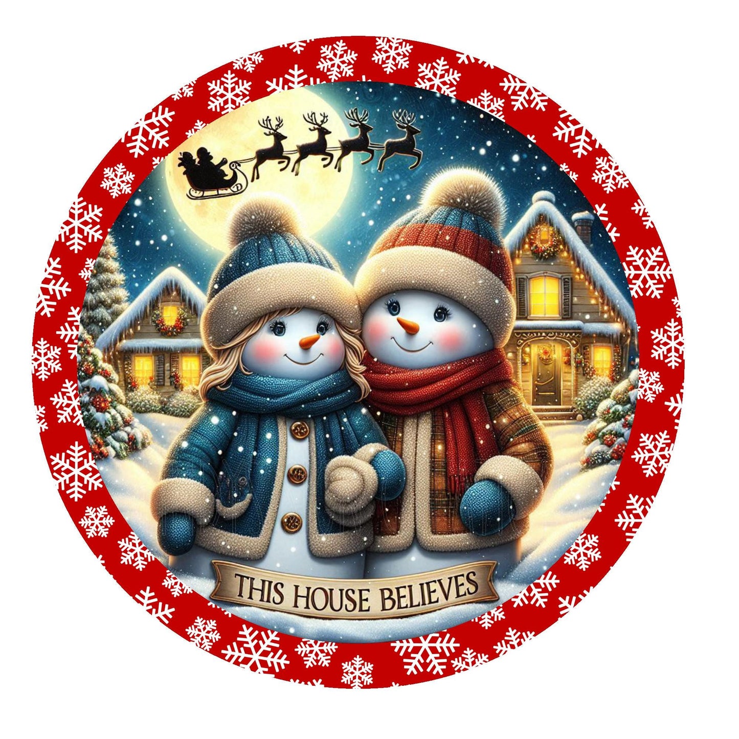 Snowman couple this house believes wreath sign, metal wreath sign, Christmas wreath sign, front door sign, Lindys sign creations