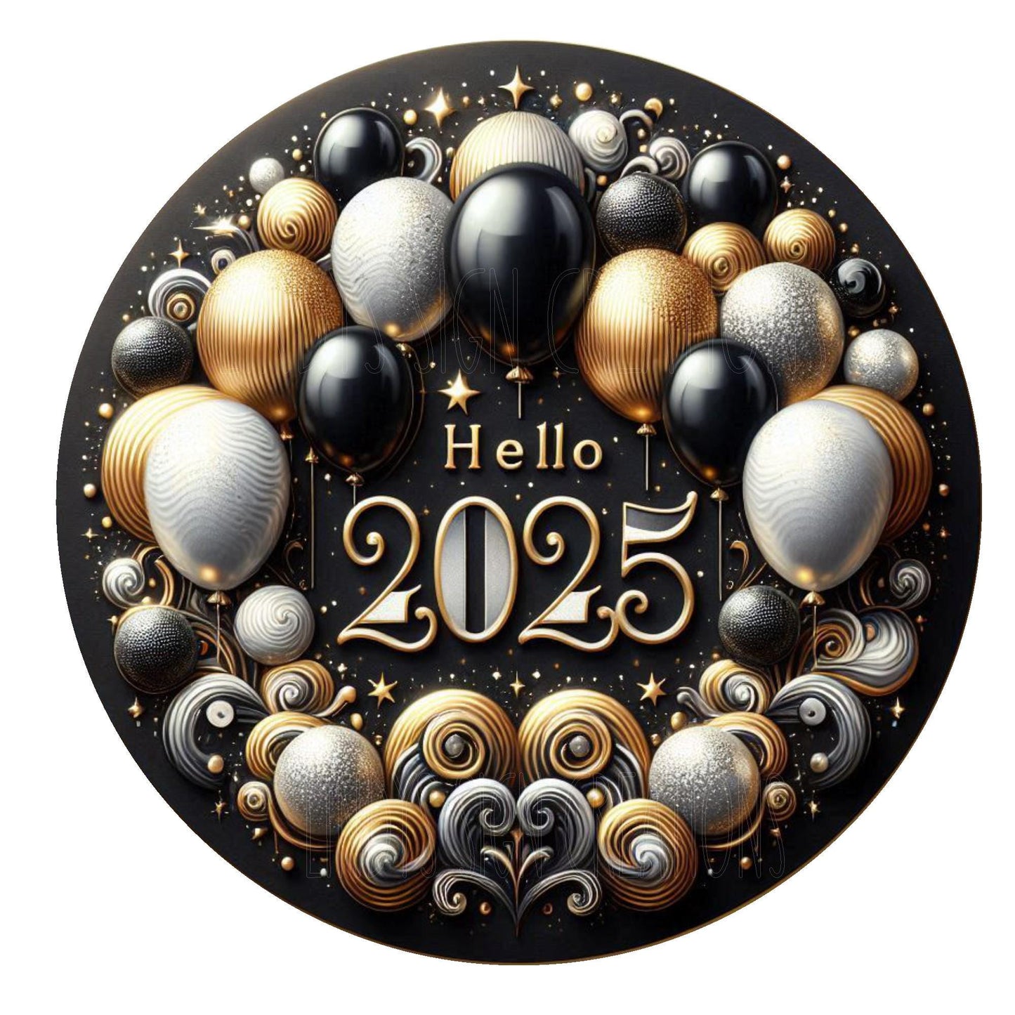 Hello 2025 gold, black and silver wreath sign, metal wreath sign, new year's sign, round wreath sign, door decor, Lindys sign creations