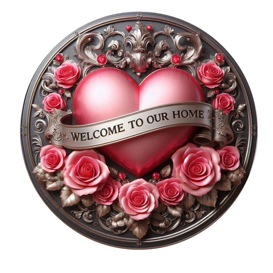 Heart welcome to our home wreath sign, metal wreath sign, round wreath sign, valentines day, door decor, Lindys sign creations