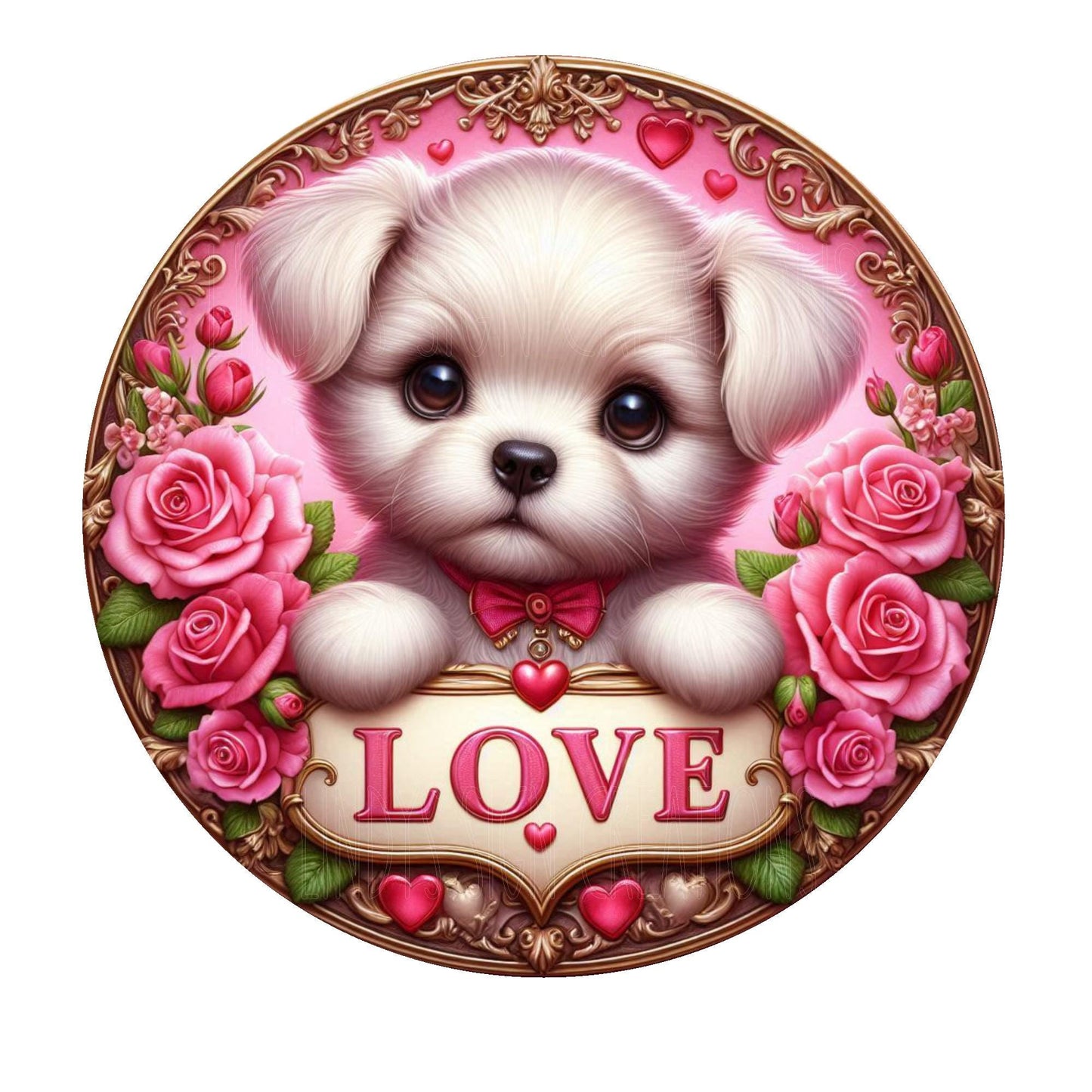 Puppy love valentine day wreath sign, metal wreath sign, round wreath sign, door decor, Lindys sign creations