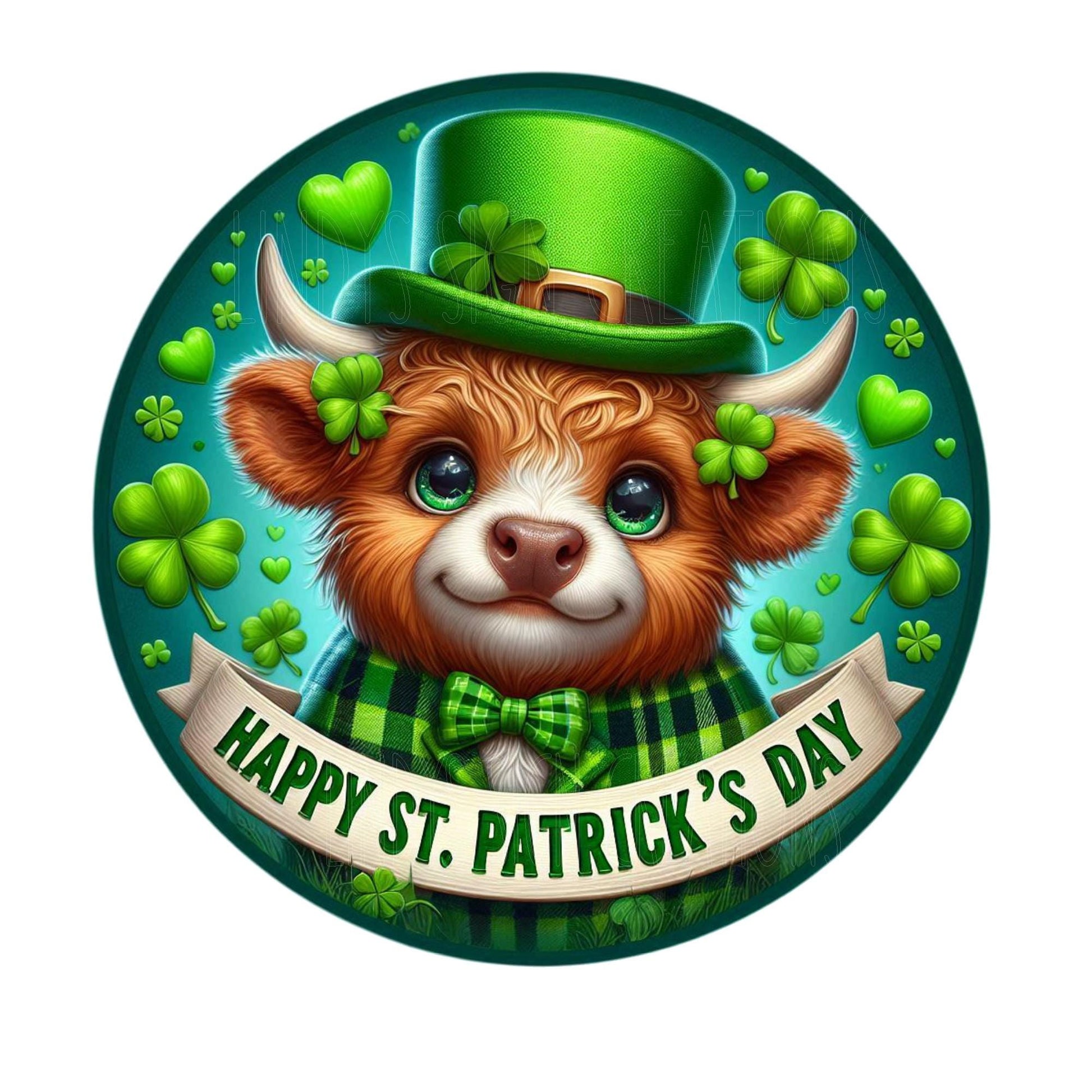 Happy St. Patrick's Day wreath sign, metal wreath sign, highland cow wreath sign, door decor, Lindys sign creations