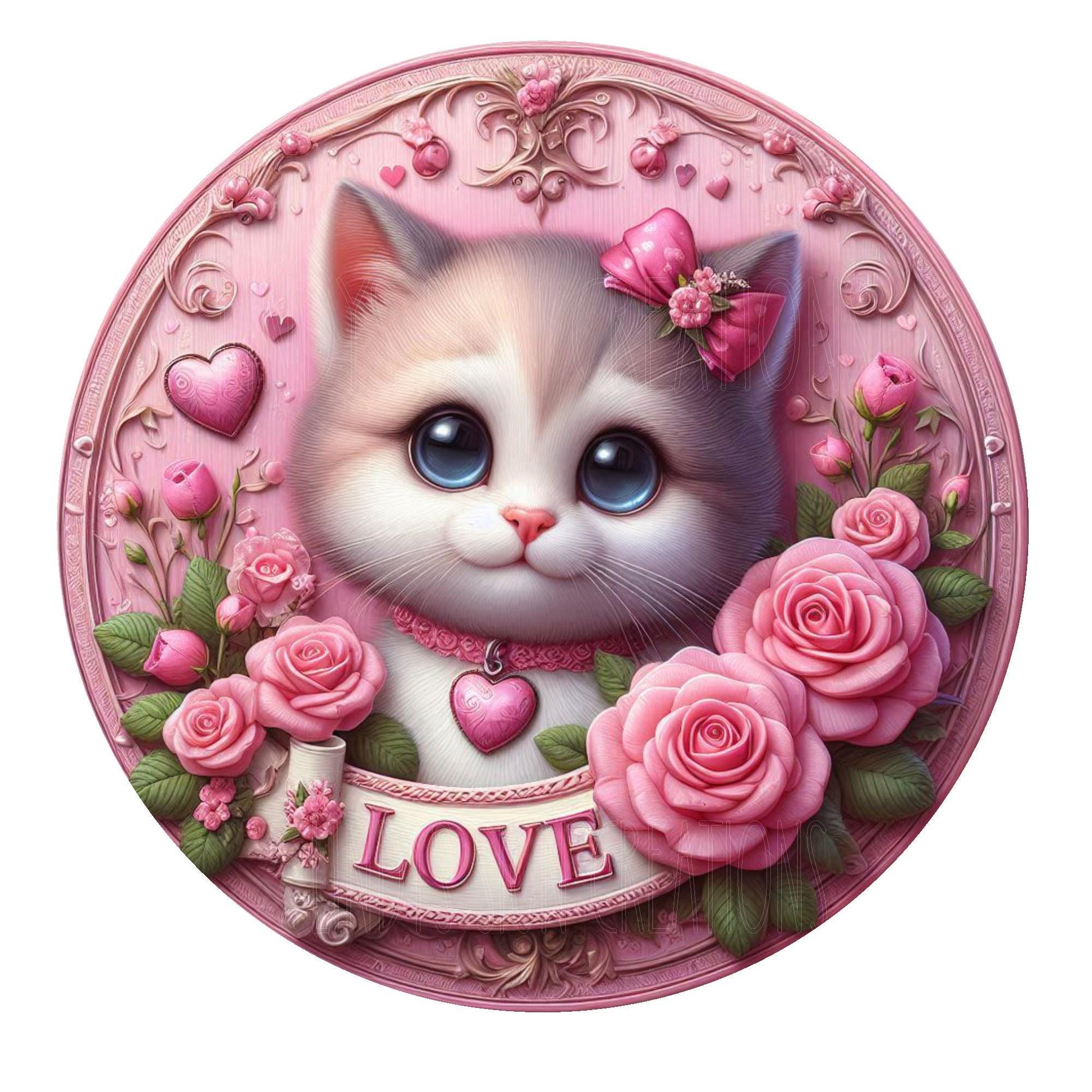 Kittie love valentine day wreath sign, metal wreath sign, round wreath sign, door decor, Lindys sign creations